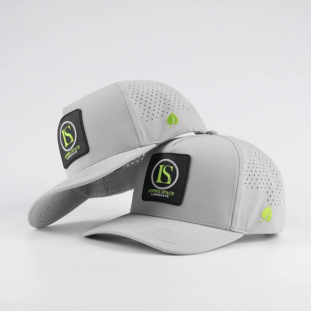 Wholesale 5 Panel Perforated Hat Custom Square Rubber Patch Embroidery Logo Embroidered Thread on Brim High Performance Golf Hat
