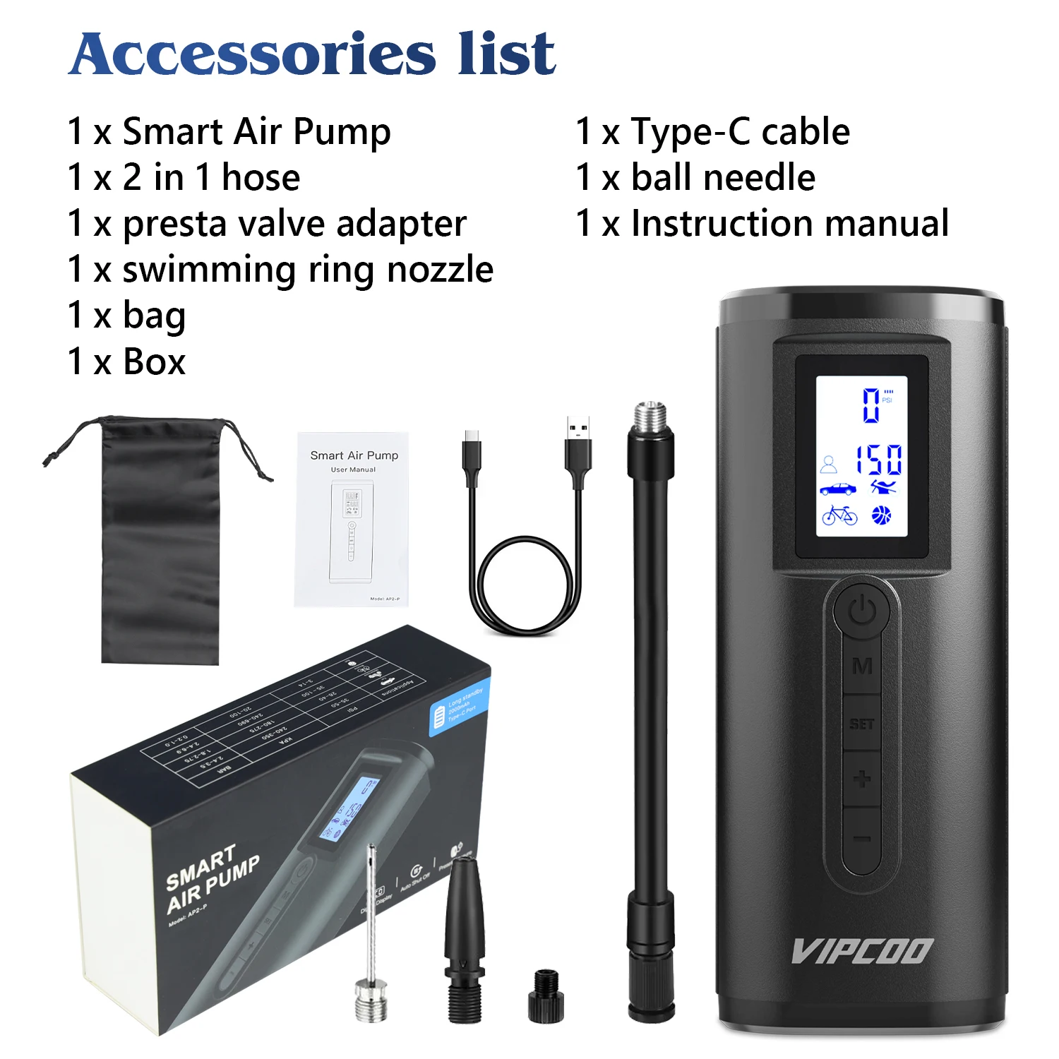 New VIPCOO AP2-P Electric Portable Cordless Tire Inflator Digital Air Pump for Car Tire Abs Tyre Inflators Car Air Compressor