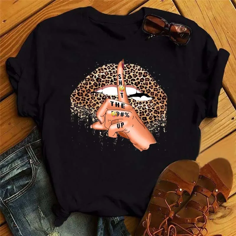 Wholesale bulk T Shirts  Fashion Sexy Lips Letter Graphic Printed Cheap White Plus size T-Shirt Women Short Sleeve tops tee