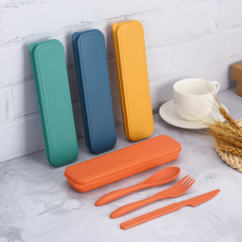 Amazon New Color Eco-friendly Cutlery Wheat Straw BPA Free Plastic Knife Spoon Fork Cutlery Set with Portable Box