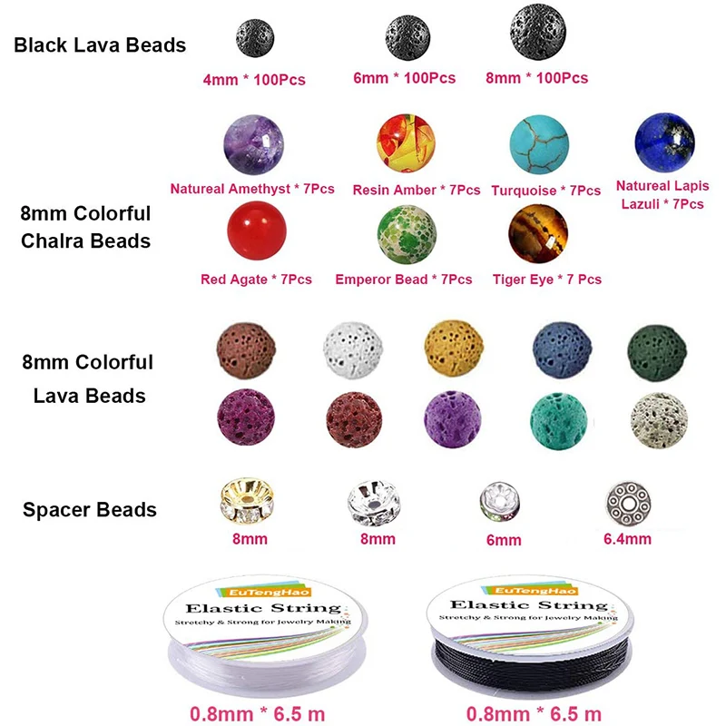  Color Lava Rock Beads Stone Chakra Spacer Kit with Volcanic Gemstone Crystal String for Essential Oils