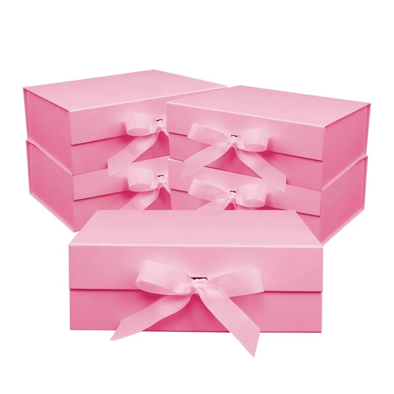 Customized logo Pink Large Recyclable Rigid Cardboard Foldable Clothes/Shoes Packaging Luxury Magnetic Gift Box with Ribbon