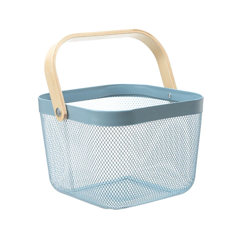 
Wholesale Fashionable Portable Picnic Fruit Food Metal Basket Wire Mesh Storage Basket with Wooden Handle 