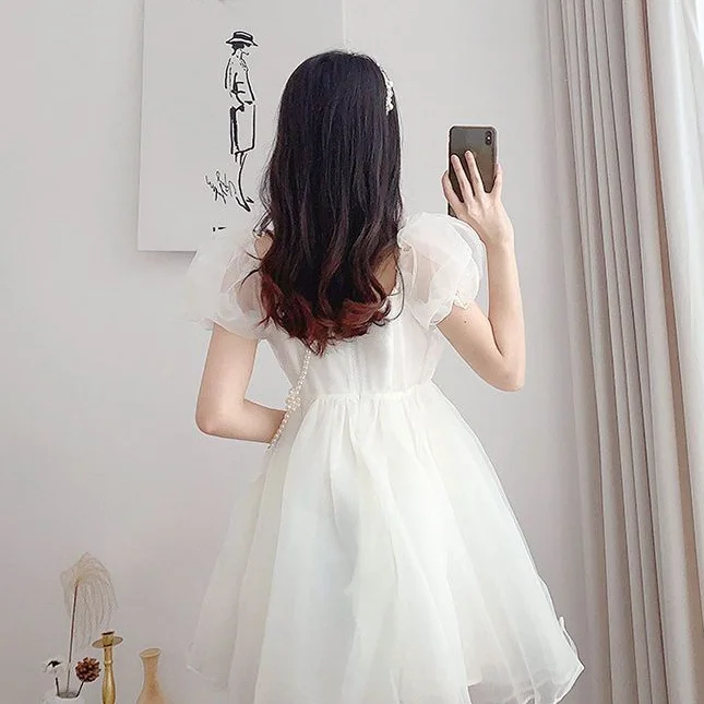 Fugitive Princess Sweet Dress Female Korean Edition Summer Vacation Two Piece Square  Bubble Sleeve Mesh Small Short Dress
