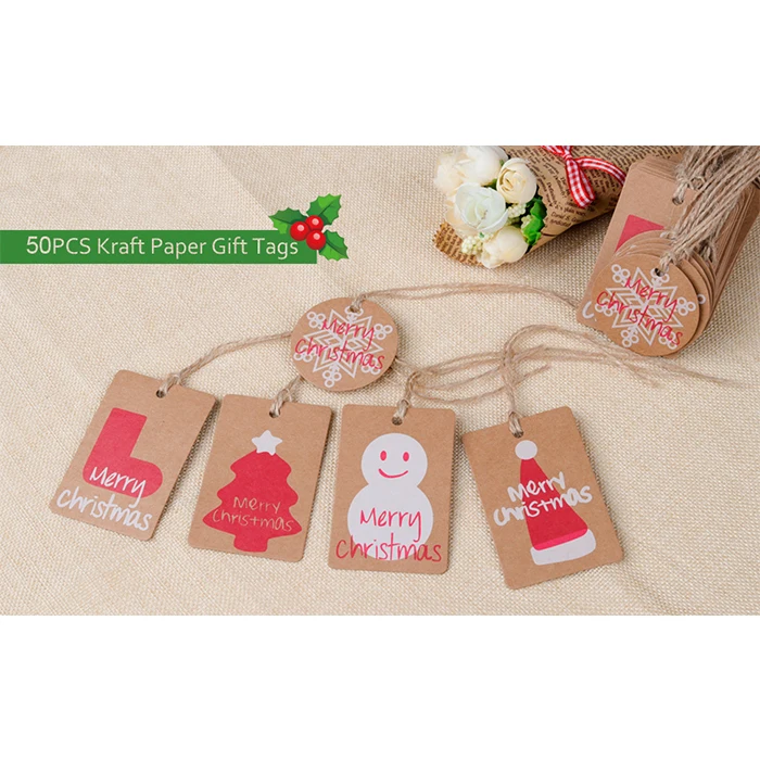 Упаковка коричневая крафт-бумага рождественские подарочные бирки со шпагатом галстук на гладком для письма праздничный подарок обертка штамп и этикетка пакет