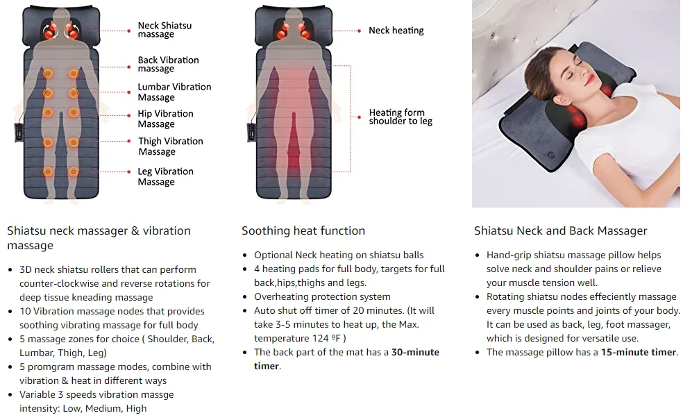 Comfier New Coming electric  massage mattress mat topper with shiatsu massage on neck pillow