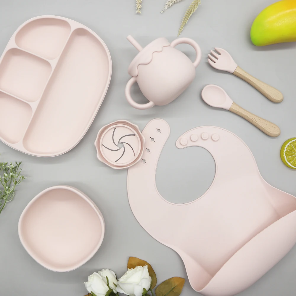 Wholesale Custom Waterproof Detachable Adjustable Food Feeding Toddler babero de silicona Baby Bib plate bowl Set