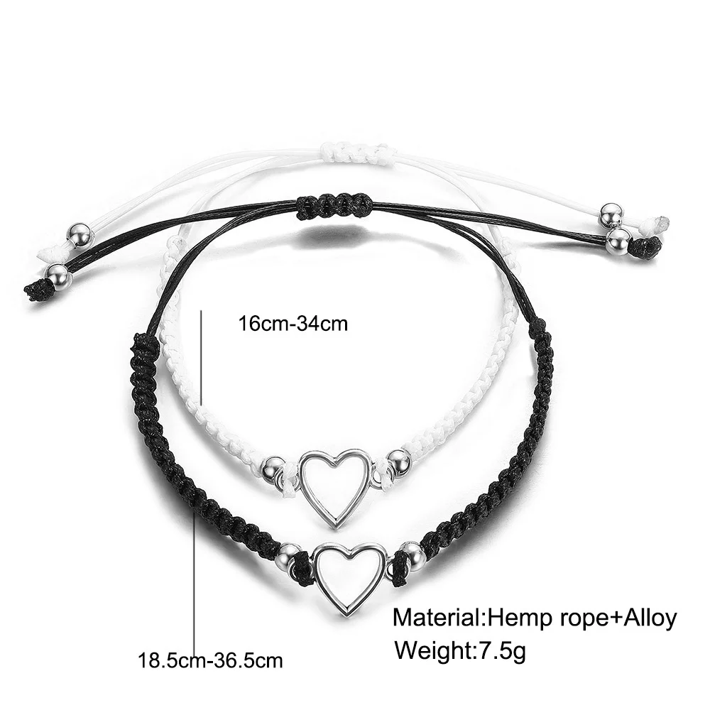 Creative Black White Couples Bracelet for Women Men Hollow Heart Woven Hemp Rope Adjustable Fashion Jewelry Bracelets