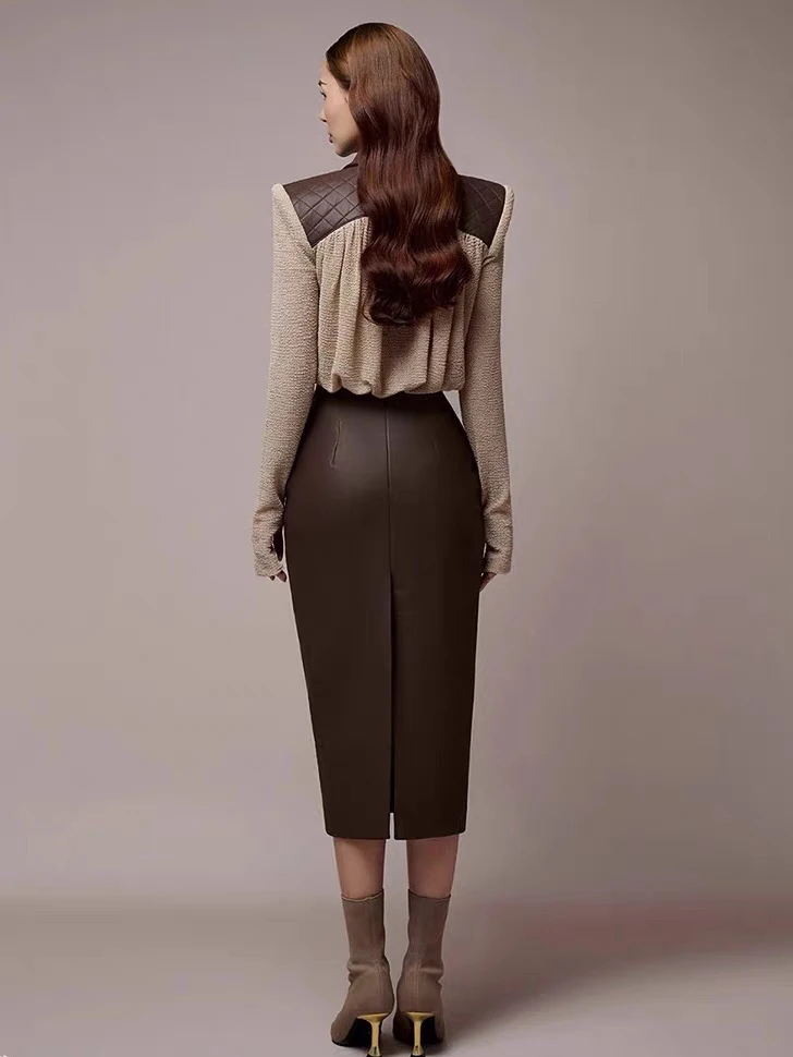 High-grade leather patchwork fashion two pieces set temperament lapel shirt coffee color slit skirt set