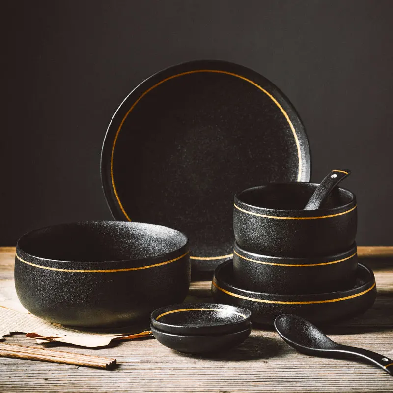 Black Nordic Ceramic Kitchen Dinner Dish Sets Plate Rice Salad Noodles Bowl Soup Plate Set Ceramic Dinnerware Dinner Sets