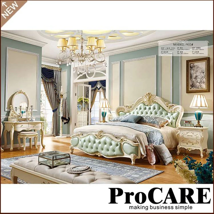 High Quality Bedroom Set Furniture Luxury Classic Style Wooden Carved Frame Leather King Size Bed