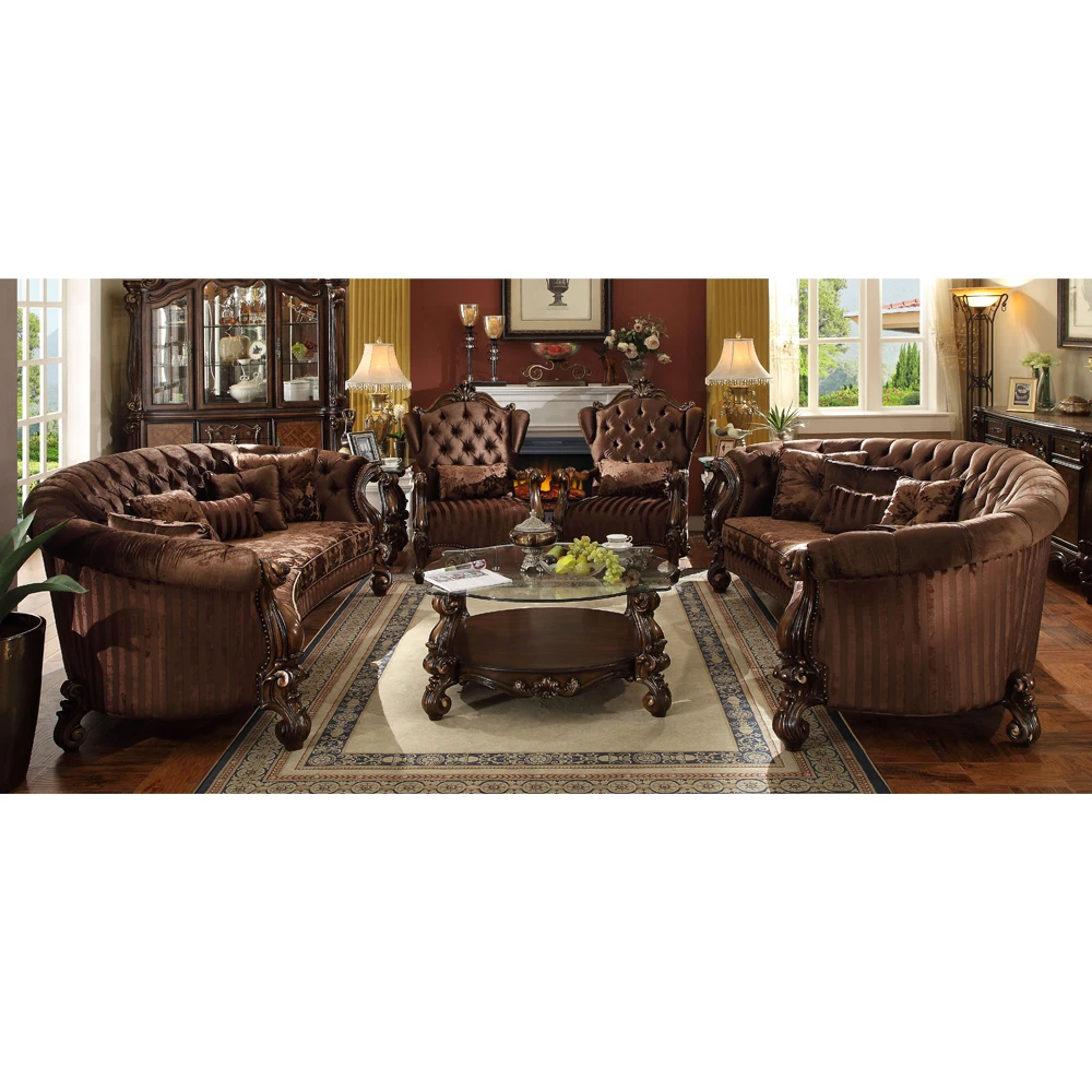 Luxury royal gold carved wood frame real leather antique living room sofa