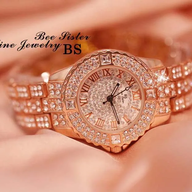 BS Bee sister Full Diamond quartz  Watch  Ladies Dress  Bracelet Watches Rose Gold Silver Bling Bling Stone Wristwatch  Gift