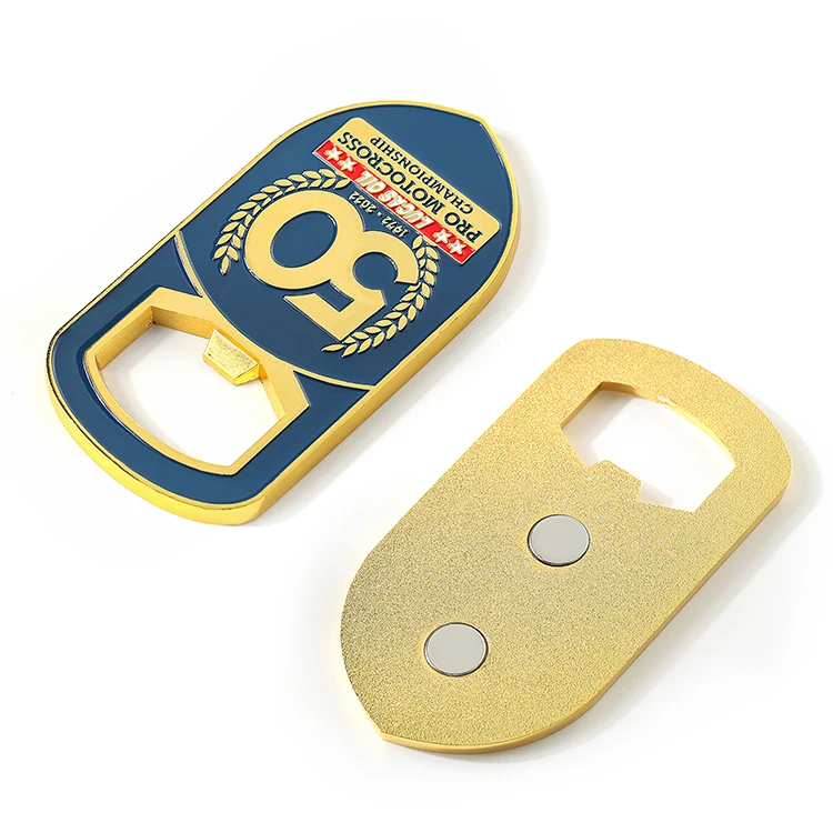 Championship 50 years trending products magnet custom shape gold bottle opener with fridge magnet