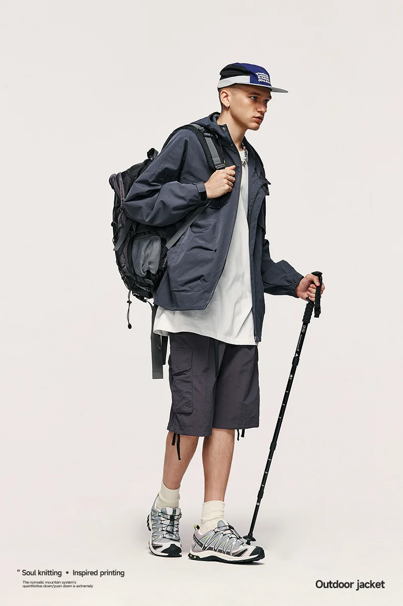 Mens Outdoor Hiking Lightweight Windproof Softshell Anorak Zip Up Safari Windbreaker Jackets With Hoody