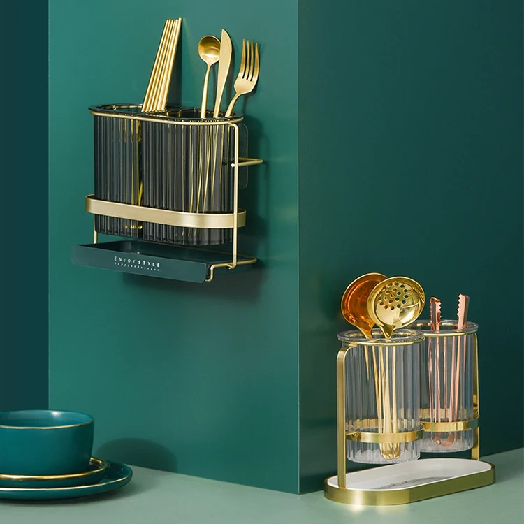 Home Kitchen Wall-Mounted Tube Light Luxury European-Style Draining Chopsticks Rack Tableware Storage Double-Layer Storage Cage