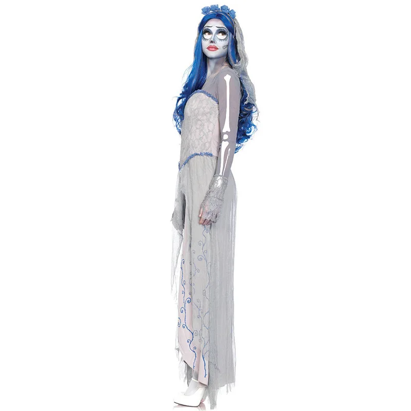 Halloween Role-Playing Ghost Bride Party Decoracion Dress White Long Sleeved Skull Long Performance Wear