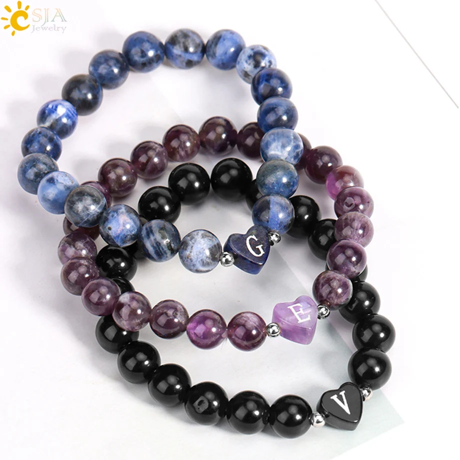 Amethysts Obsidian Rose Quartz Bracelet 26 Letter A-Z Initial Heart Shape 8mm Crystal Beads Real Natural Stone Bracelet  H283