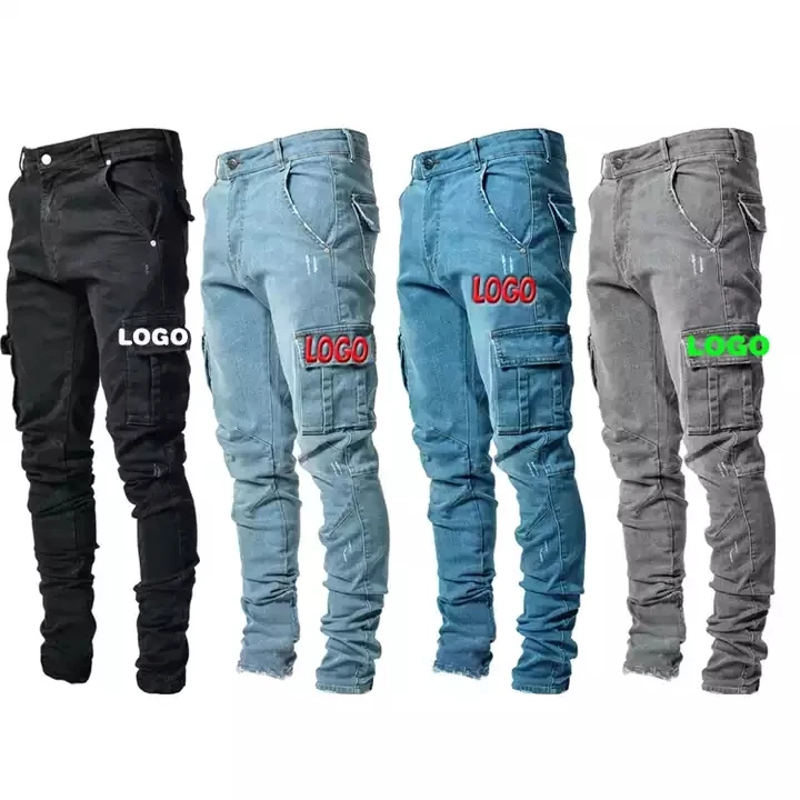 New Fashion Denim Customized Pants Side Pocket Casual Cotton Denim Jeans Men Pants Trousers Multi Pocket Cargo Jeans Men Add Log