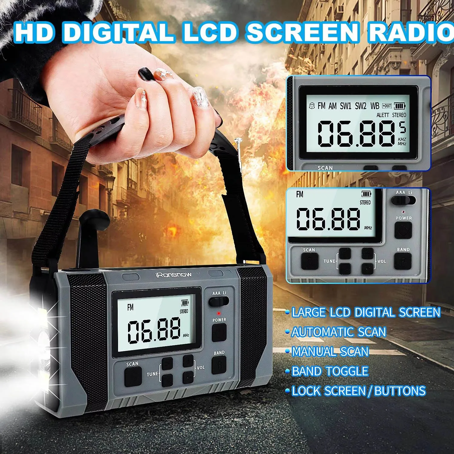 Solar USB Charging Portable Radio Hand Crank Dynamo Power Bank LED Flashlight SOS Emerncy MP3 Player Screen Weather Radio