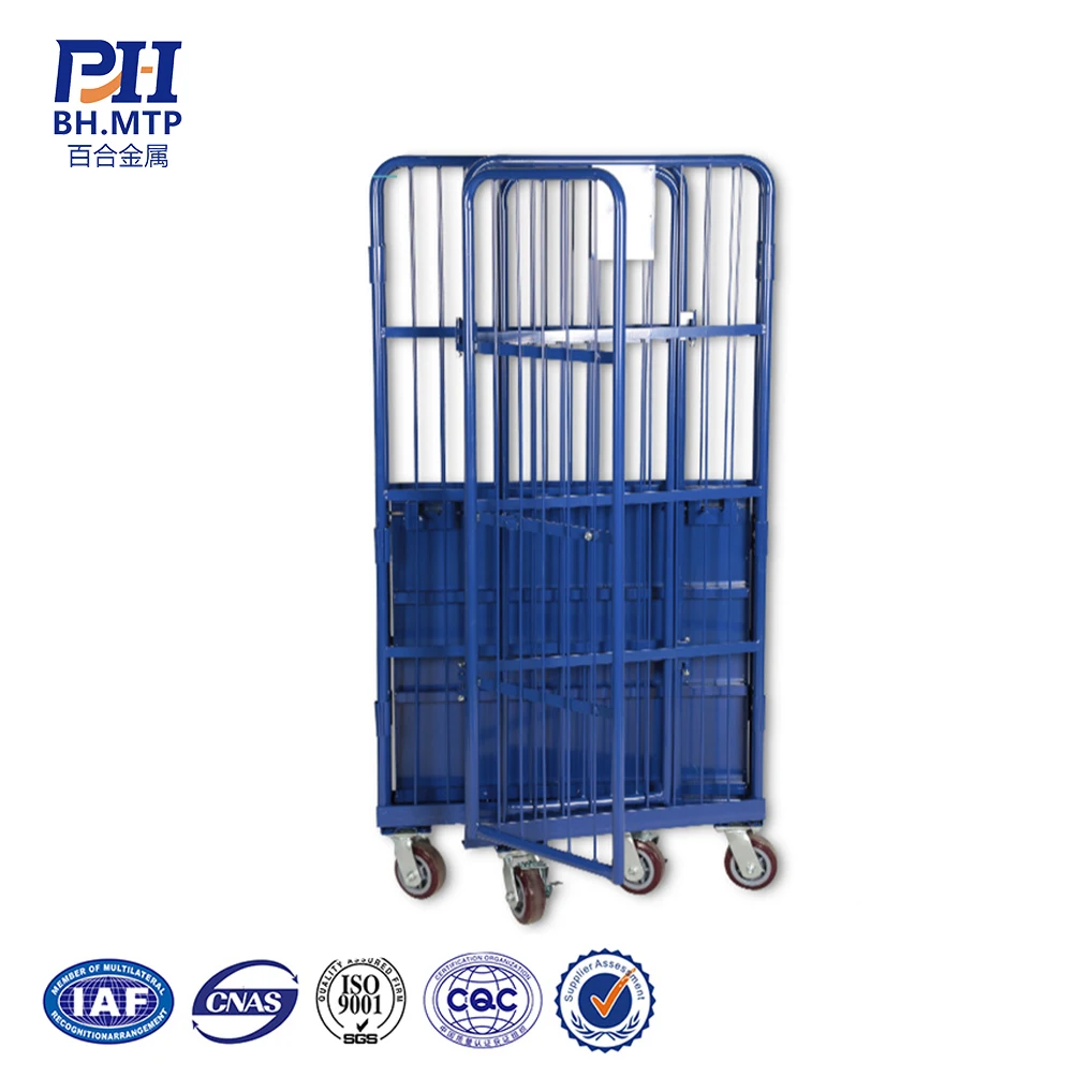 4 Wheel Galvanize Steel Pallets Storage Warehouse Racks Iron Roll Cage Cargo Trolley For Milk Transportation