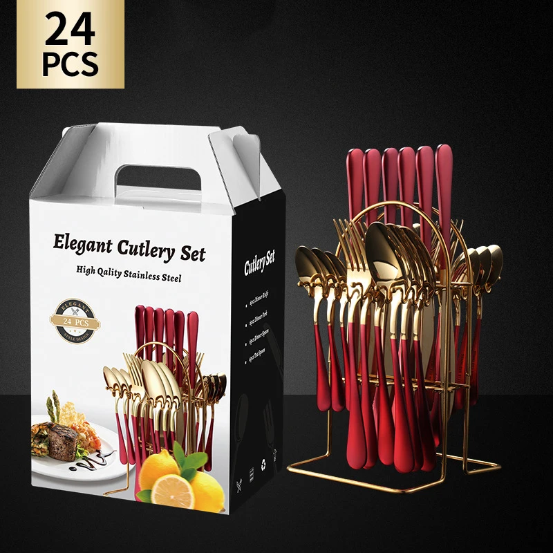 24pcs gold luxury high quality dishwasher safe flatware fork knife and spoon 18/10 stainless steel cutlery set for wedding