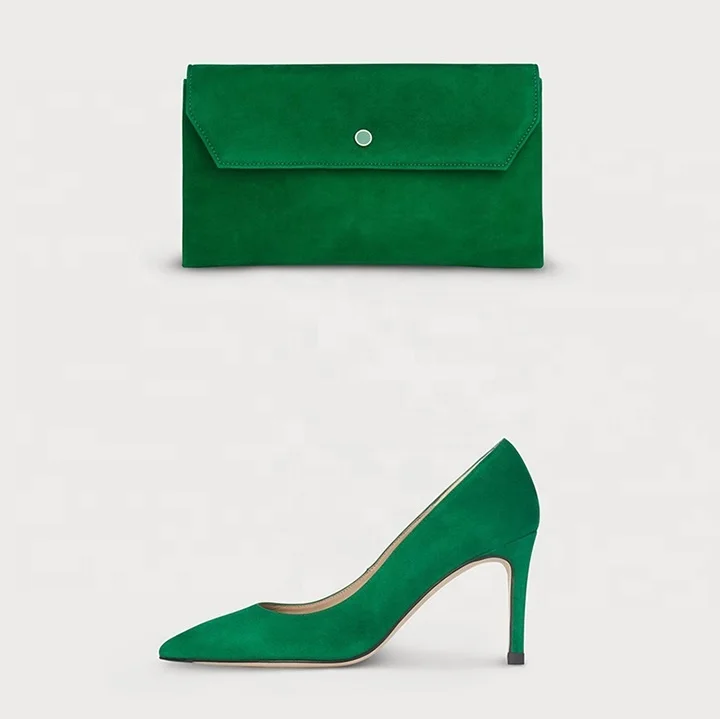 Shoes and bag set ladies stiletto heel pointed toe sexy green suede formal dress shoes