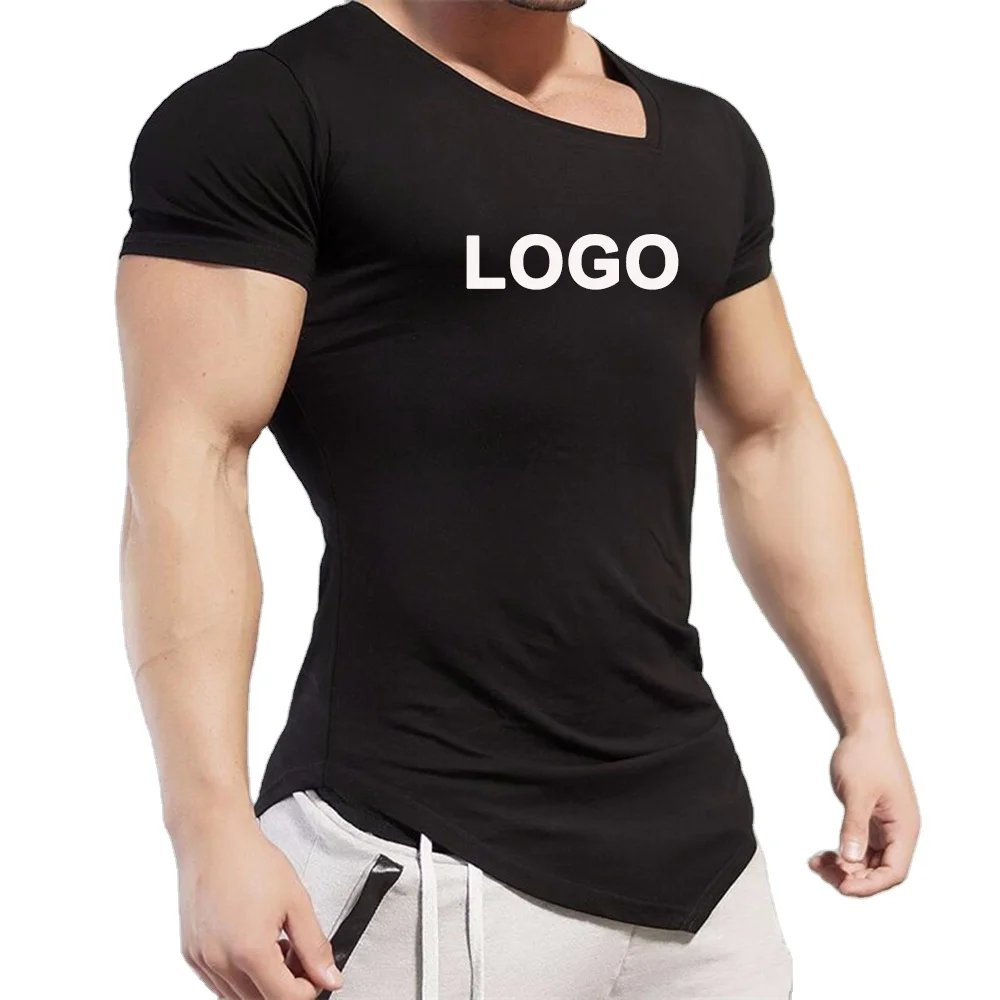 Camiseta hip hop custom brand printed young man sports black workout clothing casual solid color slim fit gym wear t shirt men