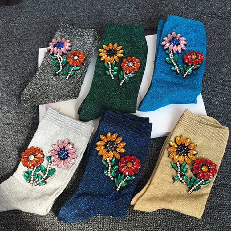 
European station luxury handmade fashion Rhinestone Flower silver bright silk candy color medium tube pile socks for women 