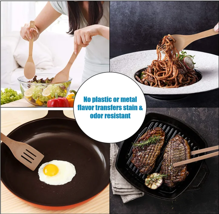 Bamboo Kitchen Utensils with Holder, Wooden Spatulas and Cookware Set, Bamboo Spoons for Cooking