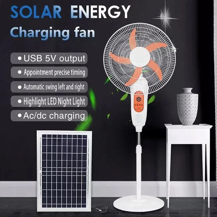 Multifunctional Home 16 18 inch  5 Blades Solar Panel Rechargeable Battery Cooling Fan AC DC Stand Solar Fan