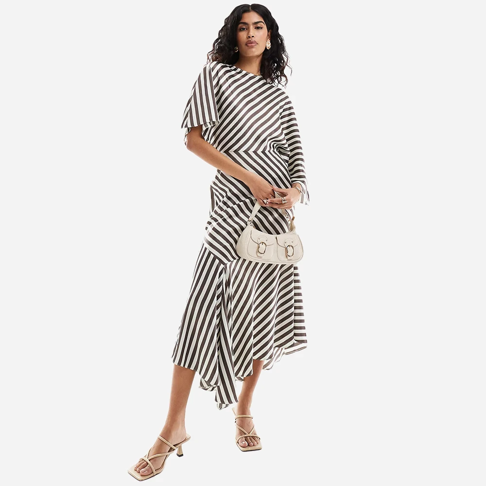 Stripe Design Boat Neck Flutter Sleeves High Low Ruffle Dress For Women