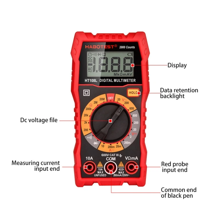 HT108L 600V 10A LCD Digital Multimeter DC Voltage Diode Frequency Multitester Current Tester
