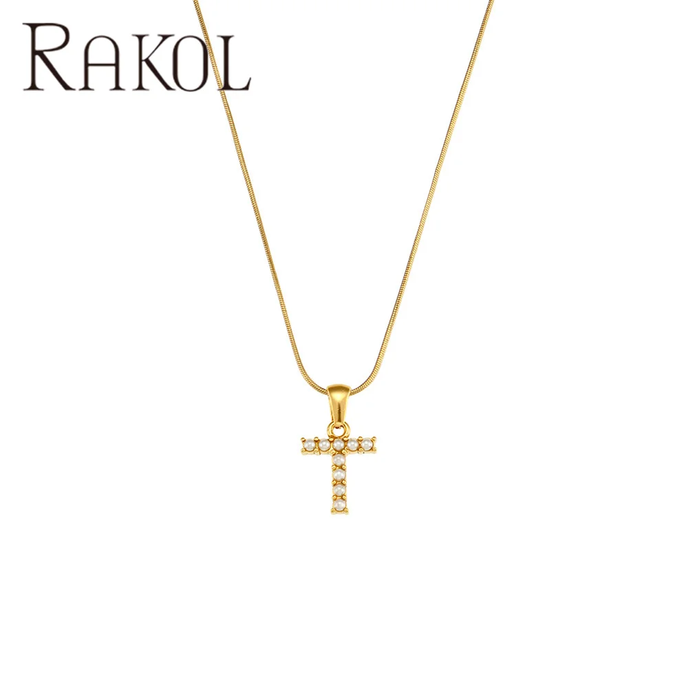 RAKOL MJ015 Wholesale Freshwater Pearl Pave Initial Pendant Necklace Stainless Steel Gold Plated Thin Snake Chain Necklace