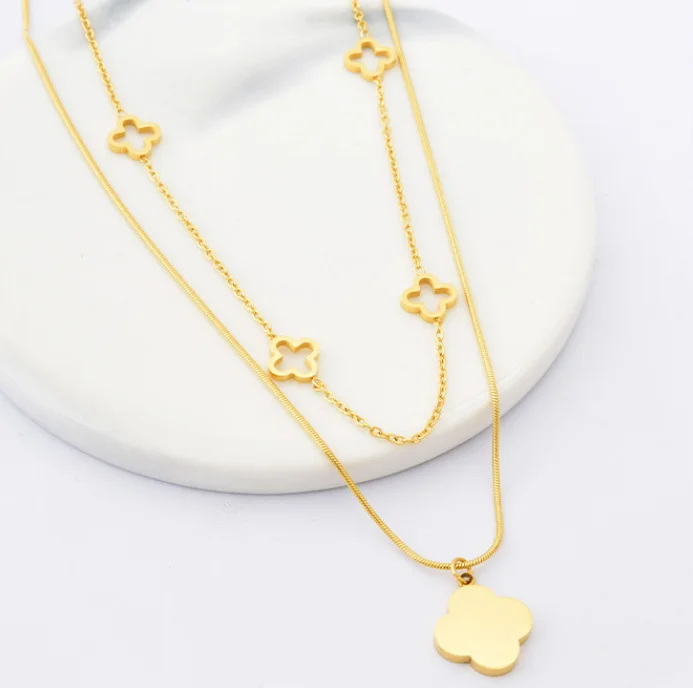 Manufacturer Wholesale Brand Jewellery 18K Gold Plated Stainless Steel Jewelry Double Layer Clover Necklace Jewelry for Women
