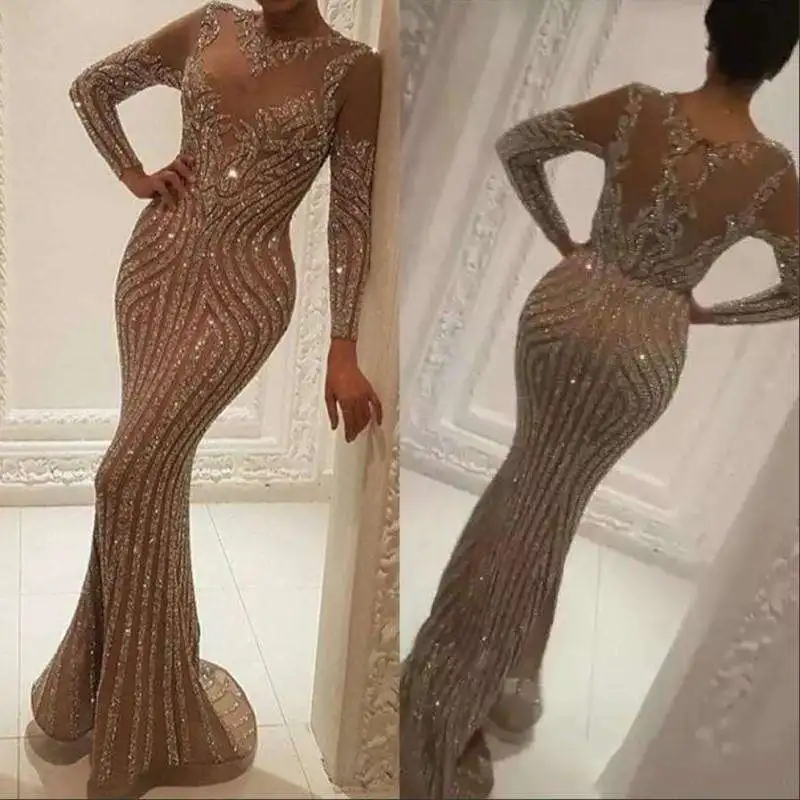 2XL Plus Size Fat Elegant, Women Evening Dresses Brides Clothing Long Sleeve Party Maxi Sequin Evening Dress