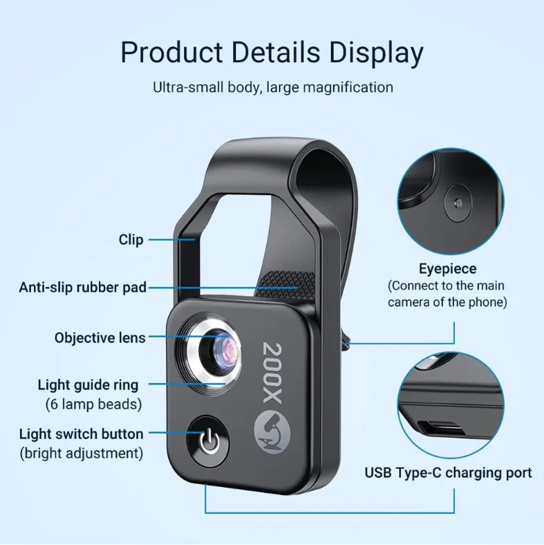 YAOJI High Quality 200X Mobile Microscope Lens with CPL MS002 Clip-type Phone Marco Lens 120mAh Cell Phone Camera