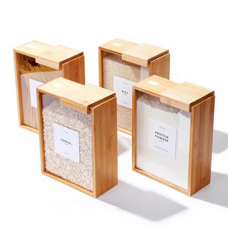 Custom 3l Square Portable Reusable Clear Food Bamboo Kitchen Organizer Box Container Dispenser for Grain Storage