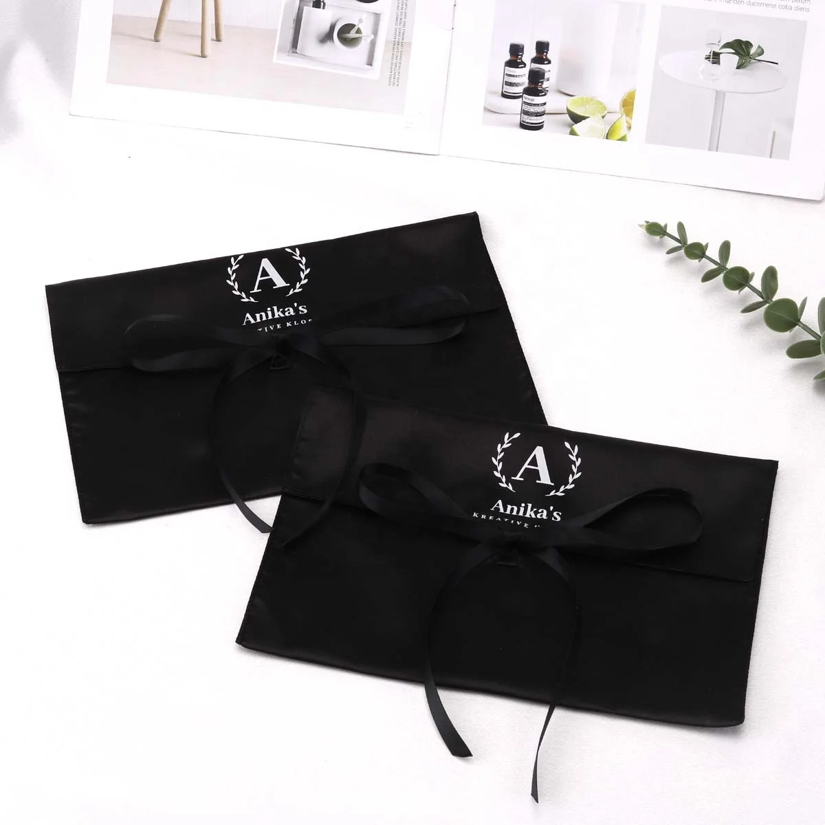 Recyclable Luxury Makeup Cosmetic Satin Envelope Pouch With Tie Custom Logo Printed Black Satin Hair Extension Packing Bag
