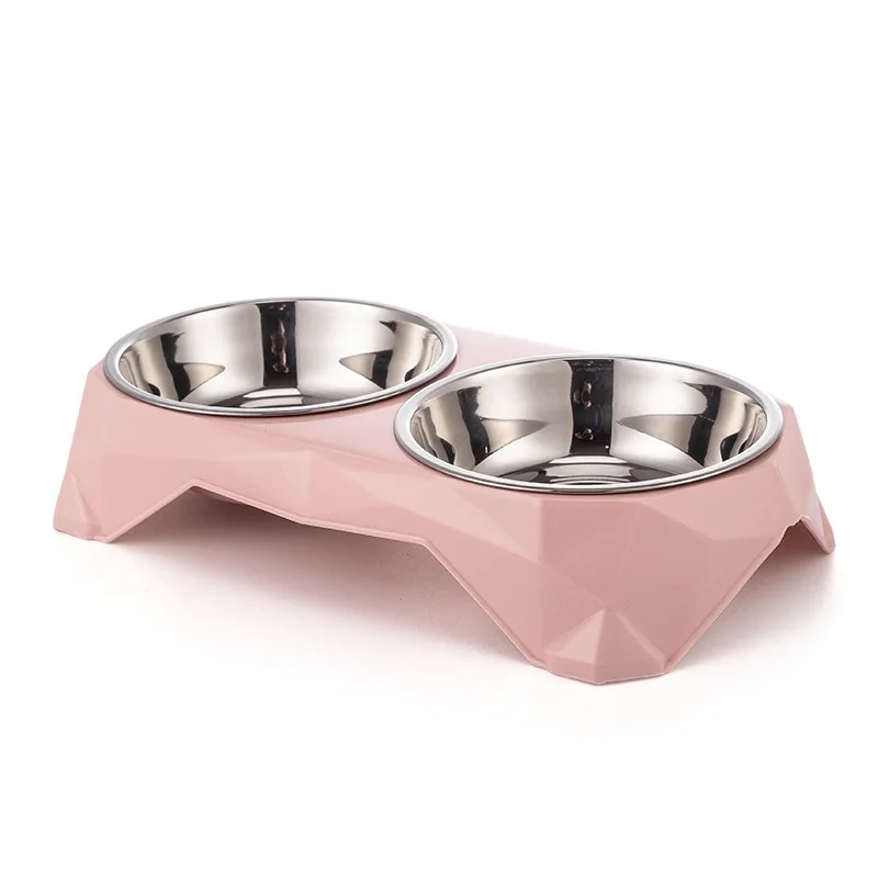 New Candy Color Diamond Thicken Pet Bowl Cartoon Double Pet Bowl Stainless Pet Feeder Bowl