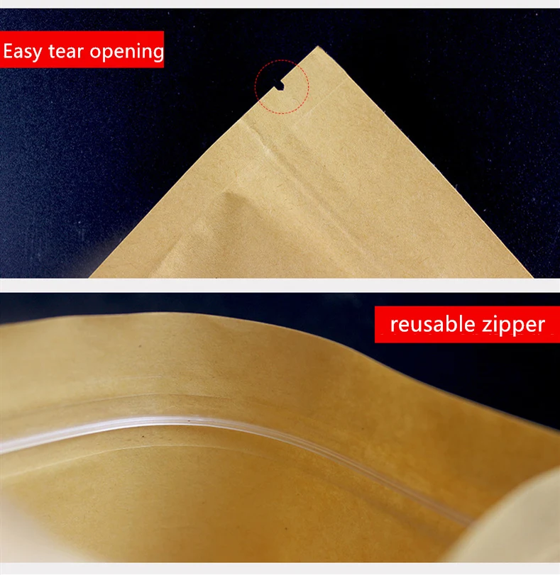 Wholesale Food Grade Waterproof Ziplock Biodegradable Brown Kraft Paper Kraft Stand Up Pouch Snack Food Bag With Printing 100Pcs