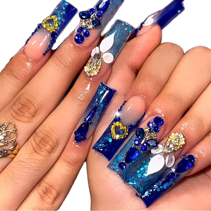 Hot selling item French blue press on nail handmade Long coffin press on nails superior quality Crystal Diamond press-on nails