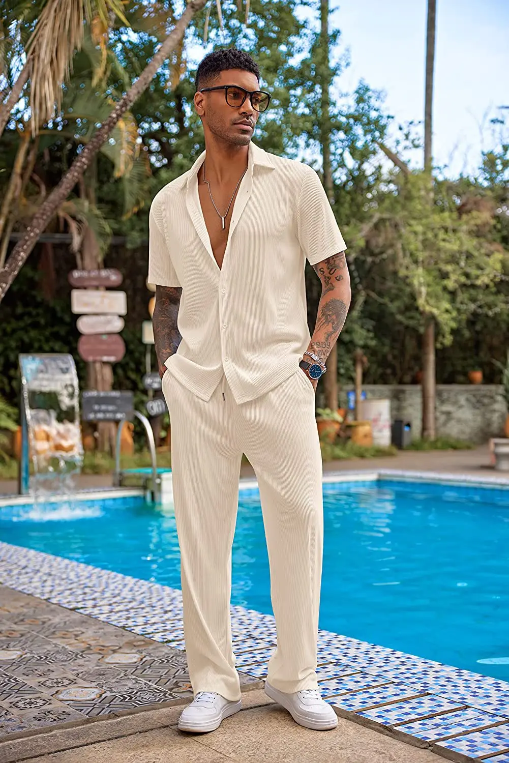 2024 Men Summer Hot Sale Casual Suits Button Solid Color Shirt + Long Pants 2 Piece Set Short Sleeve Tops Casual Suits