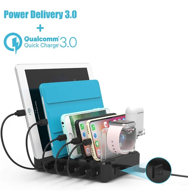 68W USB Charging Station Dock 6 ports QC 3.0 Fast Charge Dock Station for Multi Device Charger