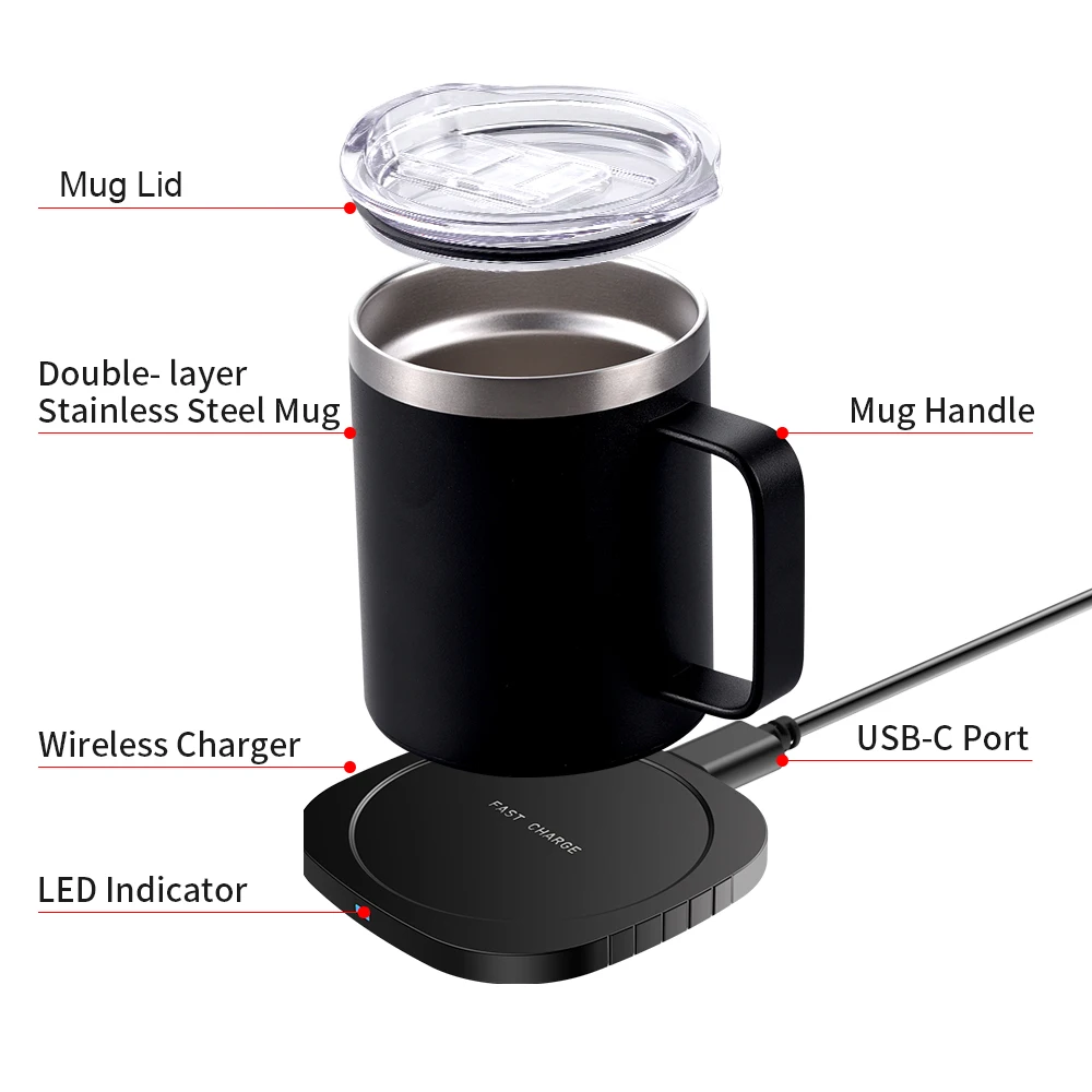 55 Degree Self Heating Heated Stainless Steel Charging Double Walled Coffee Tumbler Mug With 15W Wireless Phone Charger