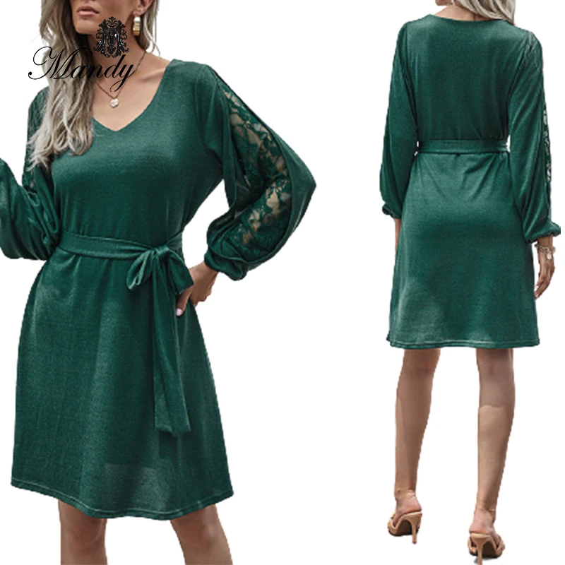 Mandy 2023 New arrival womens elegant club casual wear womens dresses green velvet lace slip long sleeve midi dress