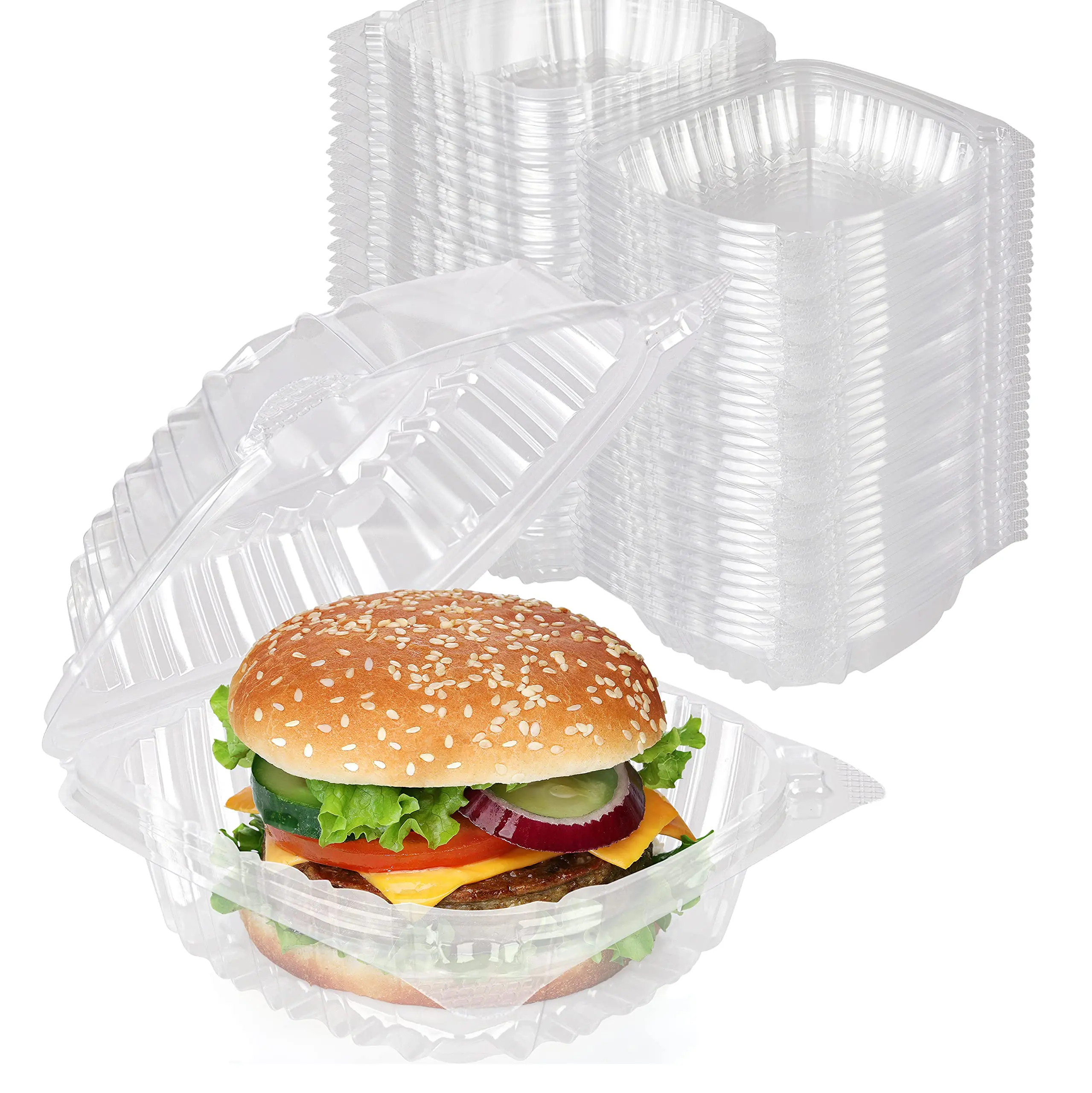 Clear Hinged Burger Boxes for To Go - Disposable Plastic Food Containers with Hinged Lids