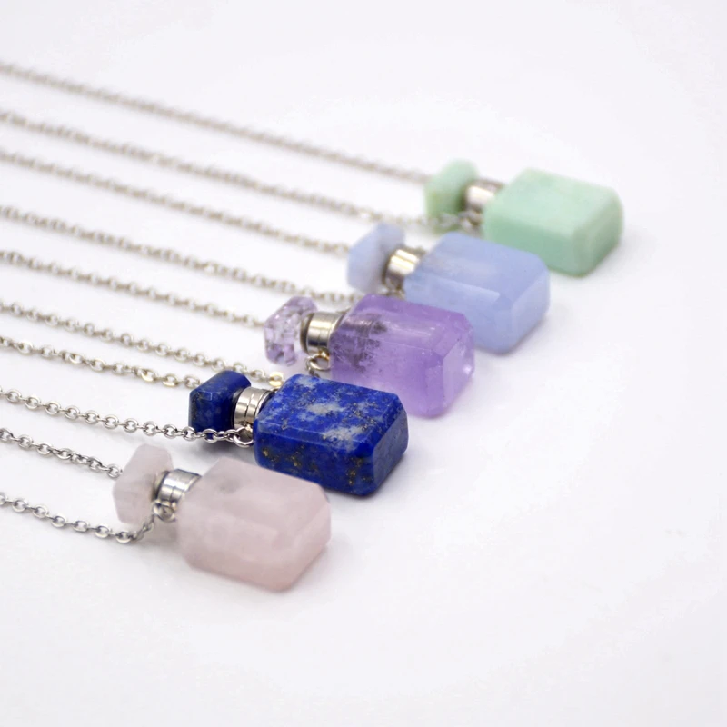 Natural Gemstone Mini Dropper Bottle Pendant Necklace Crystal Quartz Perfume Vials Gold Plated Stainless Steel Jewellery Jewelry