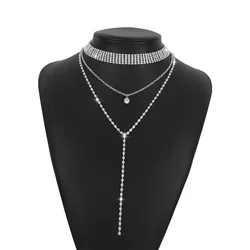 SHIHAN 2023 Multi Layer Crystal Diamond Choker Necklace Fashion Full Rhinestone Long Statement Necklace For Women Party Accessor
