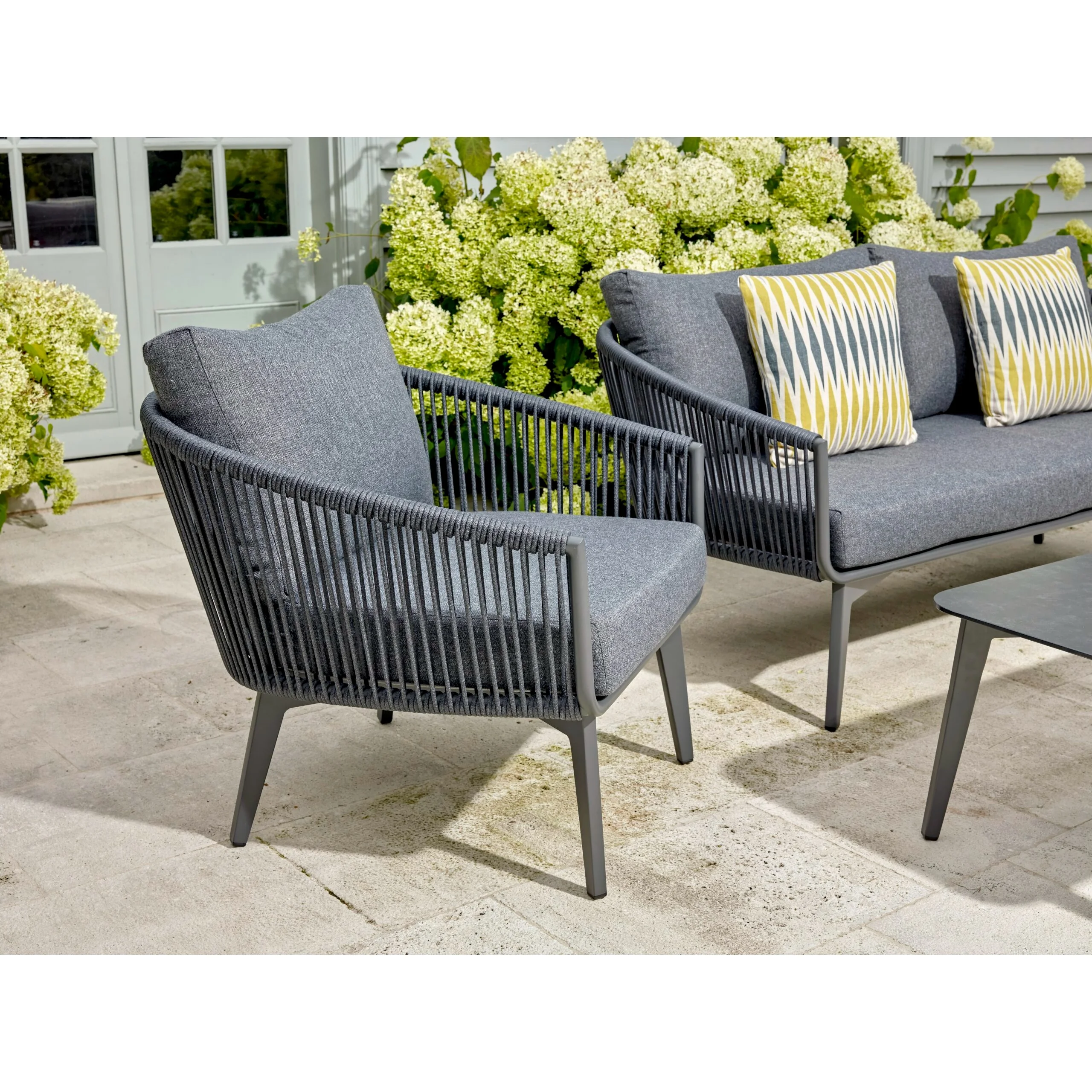 Charcoal Dark Grey Modern Balcony Aluminum Rope Garden Patio Sofa Set Amador Metal Lounge Grey Garden Outdoor Rope Furniture